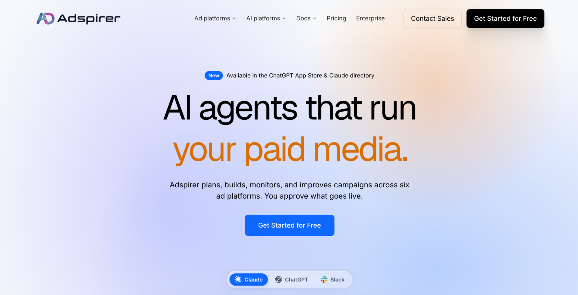 Adspirer MCP server for launching and monitoring text and video ads across six advertising platforms