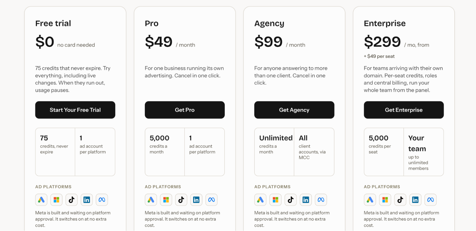 Opus Growth credit-based pricing, with a free plan and paid plans from $49 per month