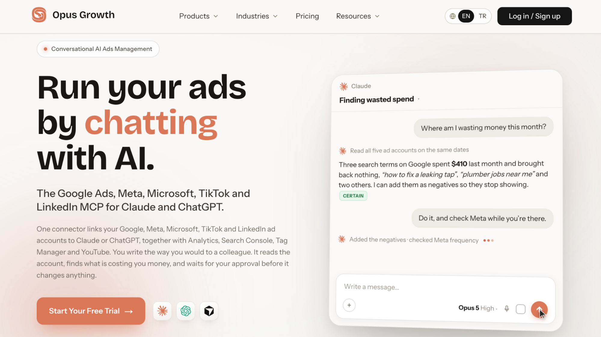 Opus Growth conversational AI ads management across five advertising platforms