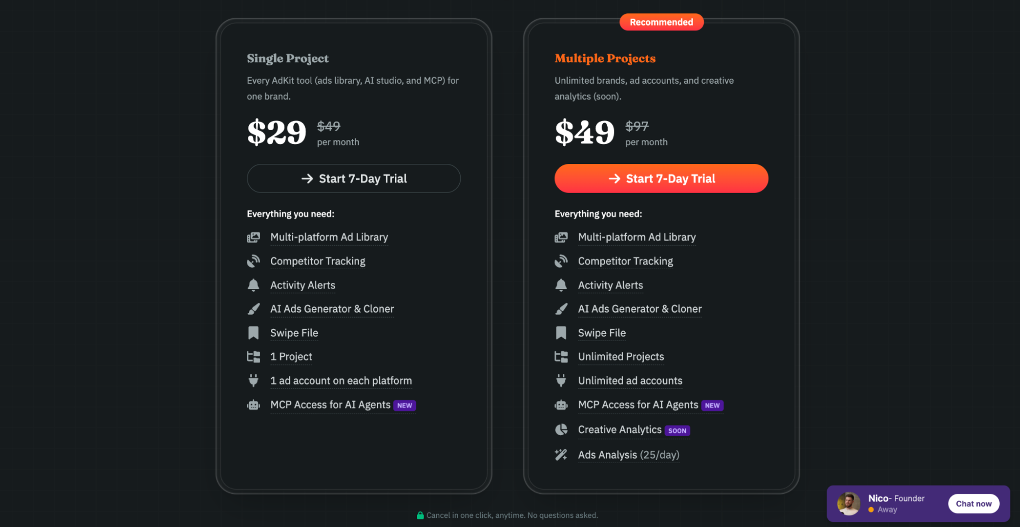 AdKit pricing starting at $29 per month for a single brand with one ad account per platform