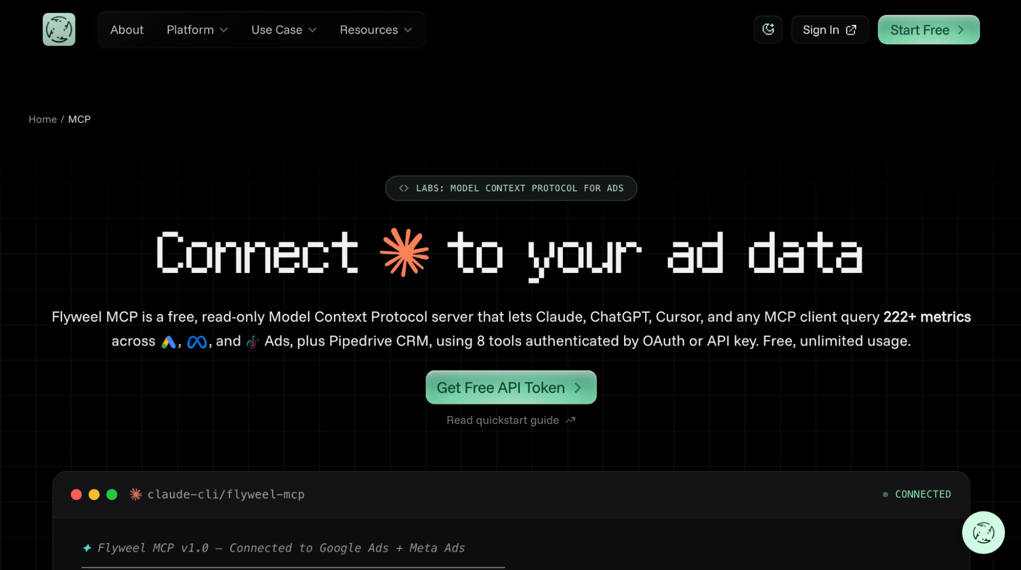 Flyweel MCP Server providing free read-only TikTok, Meta, and Google Ads analytics
