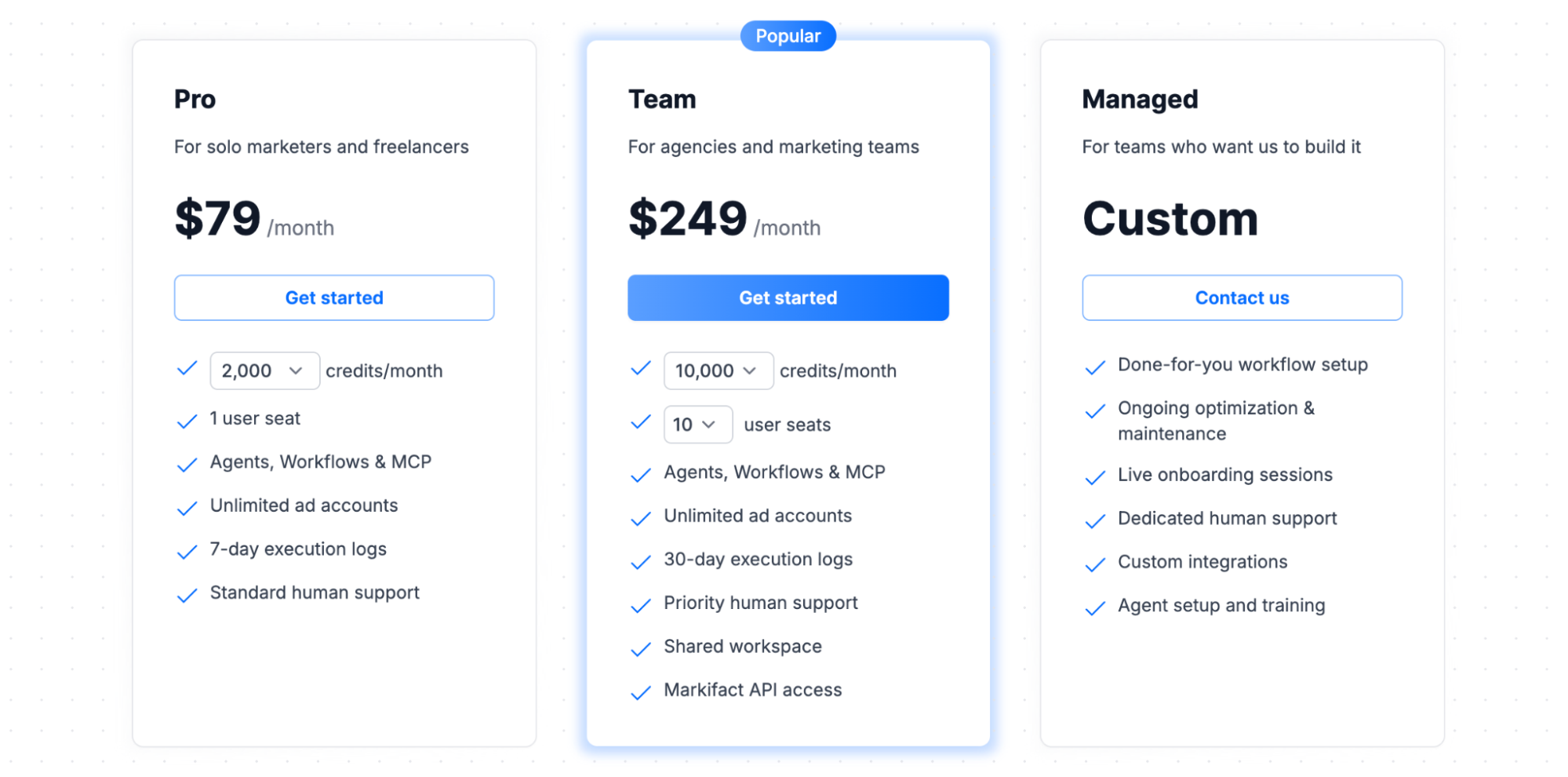 Markifact pricing starting at $79 per month for the Pro plan with 2,000 monthly credits
