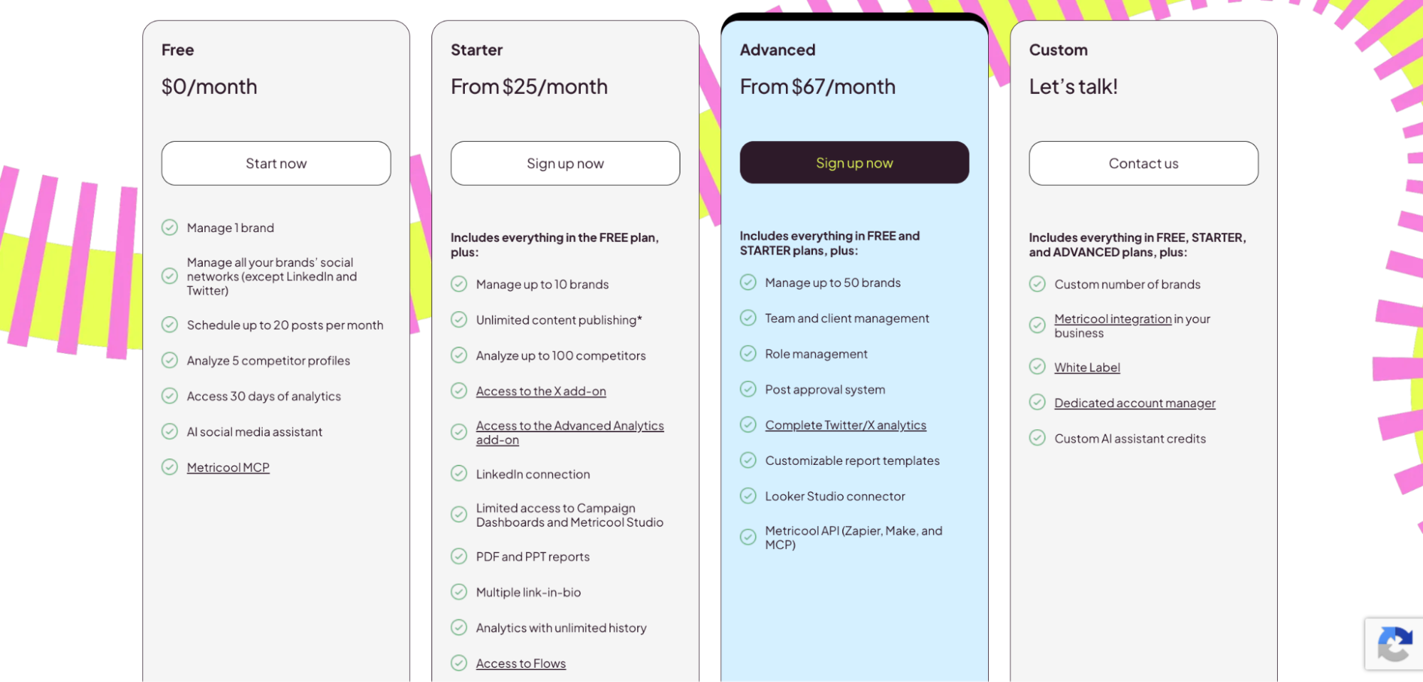 Metricool pricing with a free plan and an Advanced plan at $67 per month