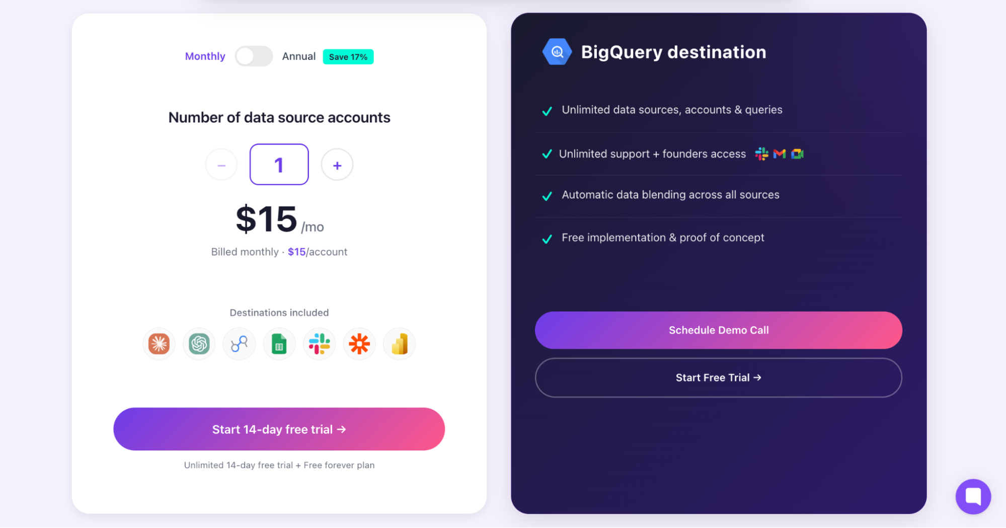 Porter Metrics pricing at $15 per connected data source account per month