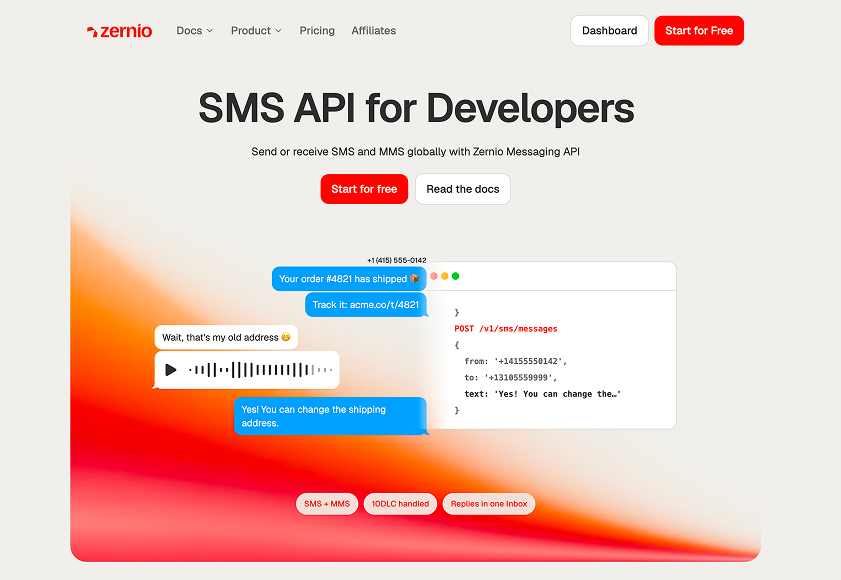 Zernio SMS API for sending and receiving text messages