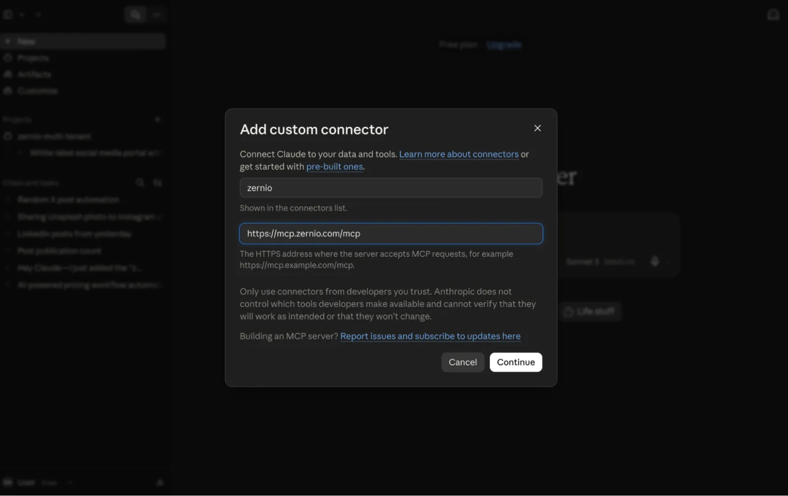 Adding the Zernio MCP server as a custom connector in Claude