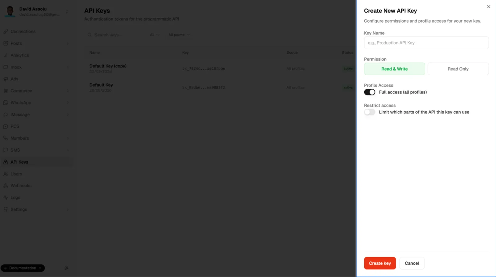 Creating a new Zernio API key with read and write permissions