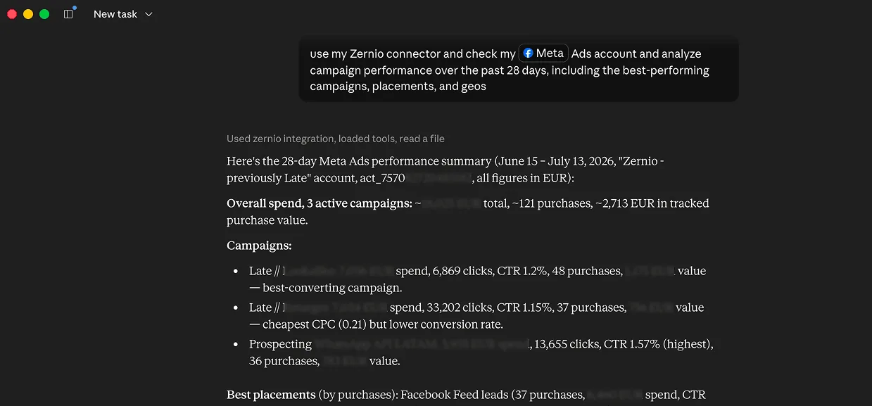 Claude analysing Meta Ads campaign performance through the Zernio connector