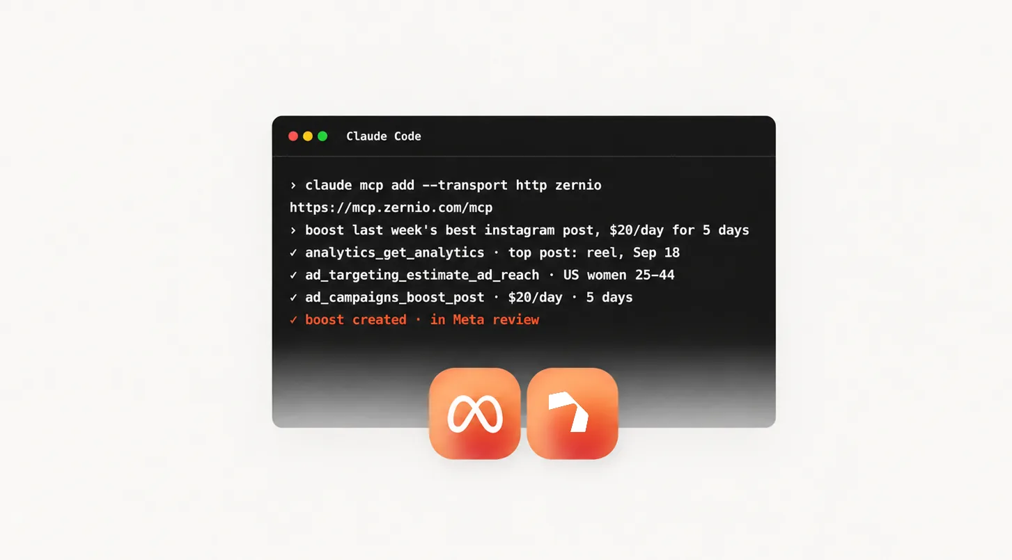 Claude Code boosting an Instagram post as a Meta ad through the Zernio MCP server
