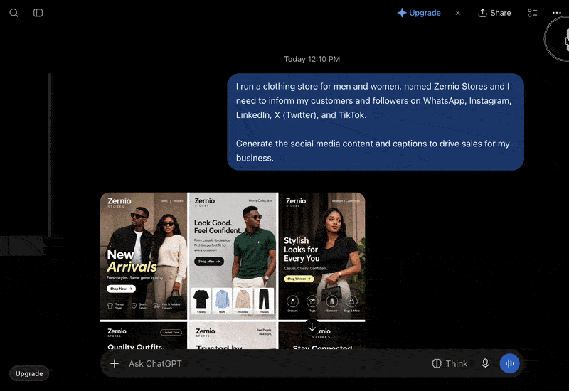 ChatGPT generating promotional images and social media posts for a clothing store
