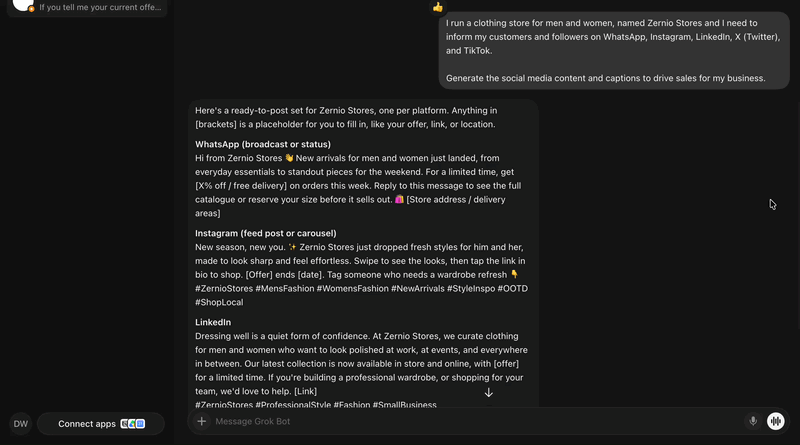 Grok Bot generating social media posts for WhatsApp, Instagram, LinkedIn, X and TikTok