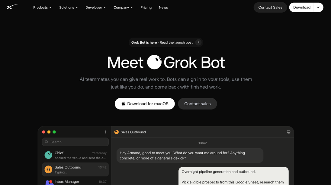 Grok Bot homepage with the Download for macOS button
