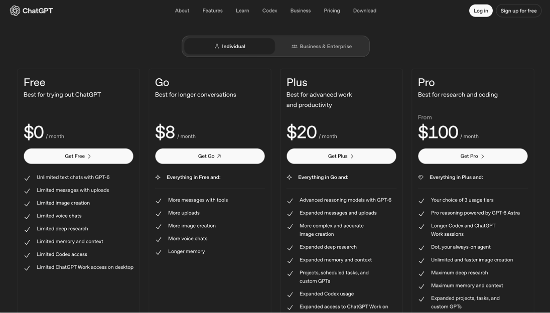 ChatGPT pricing plans