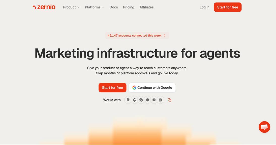 Zernio homepage: marketing infrastructure for agents