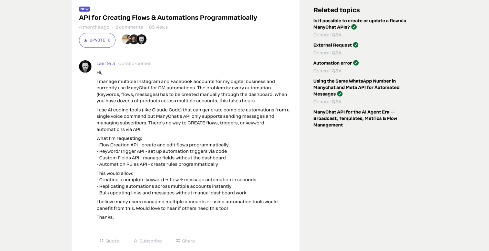 Manychat has limited API support for creating DM automation flows programmatically