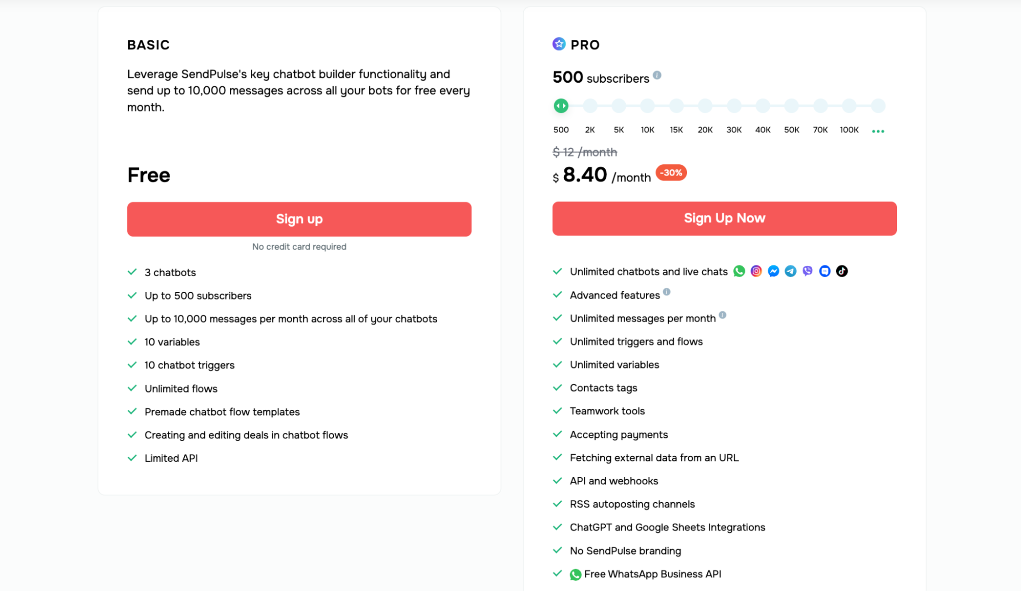 SendPulse chatbot pricing plans and subscriber limits
