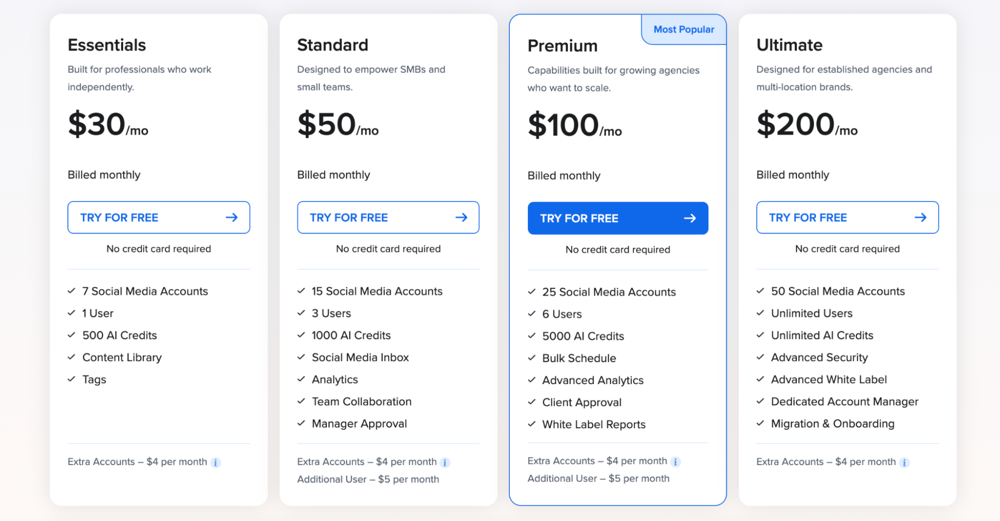 SocialPilot pricing plans starting at $30 per month