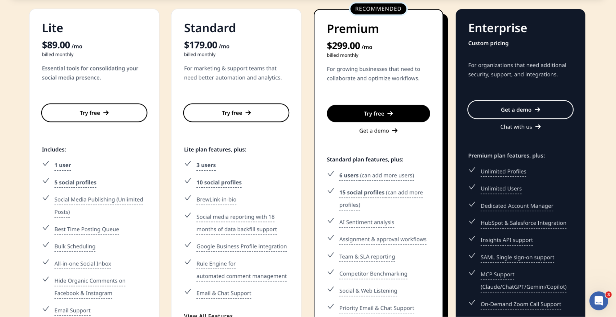 Statusbrew pricing plans starting at $89 per month