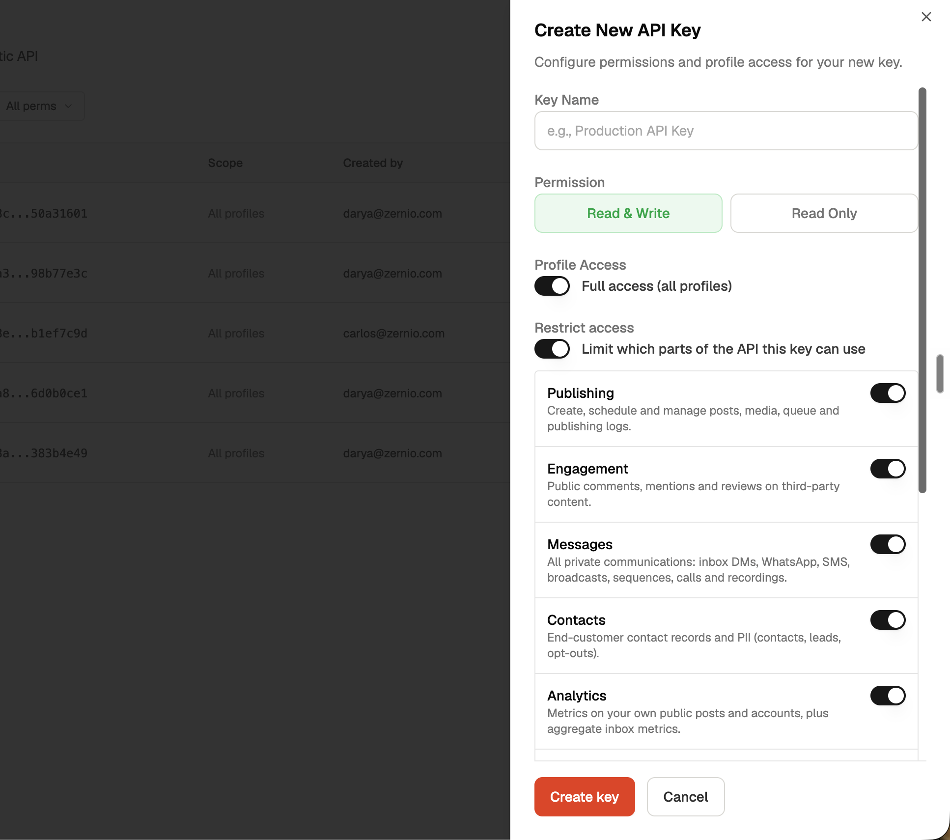 Creating a Zernio API key scoped to specific profiles with read-only permissions and restricted features
