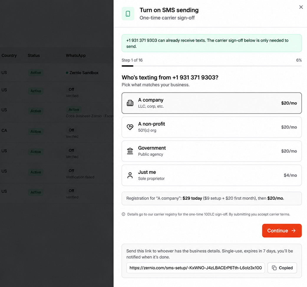 10DLC registration in the Zernio dashboard, with company, non-profit, government and sole proprietor options and a shareable form link