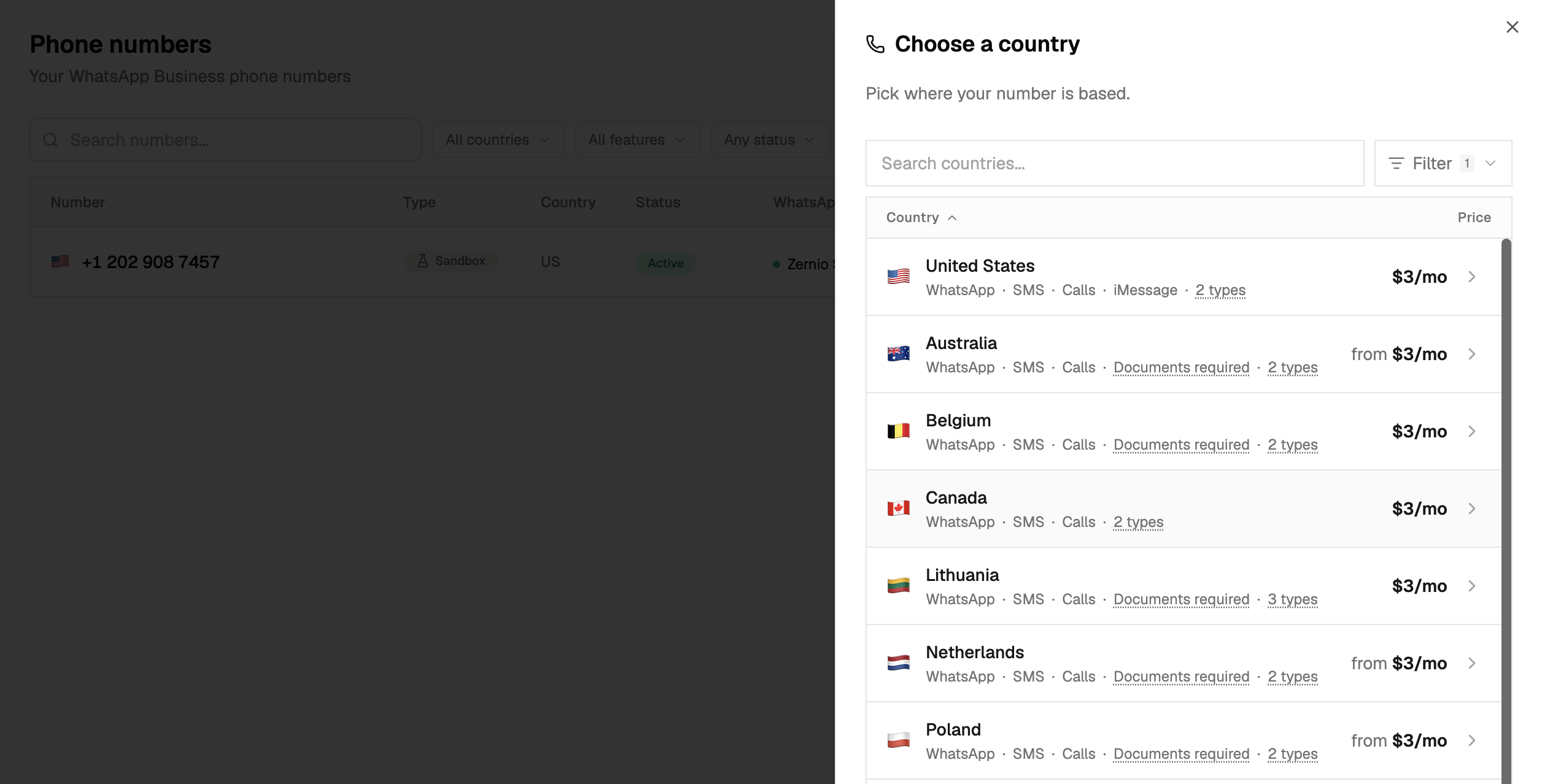 Choosing a country for a new phone number in Zernio, with SMS listed among each number's capabilities