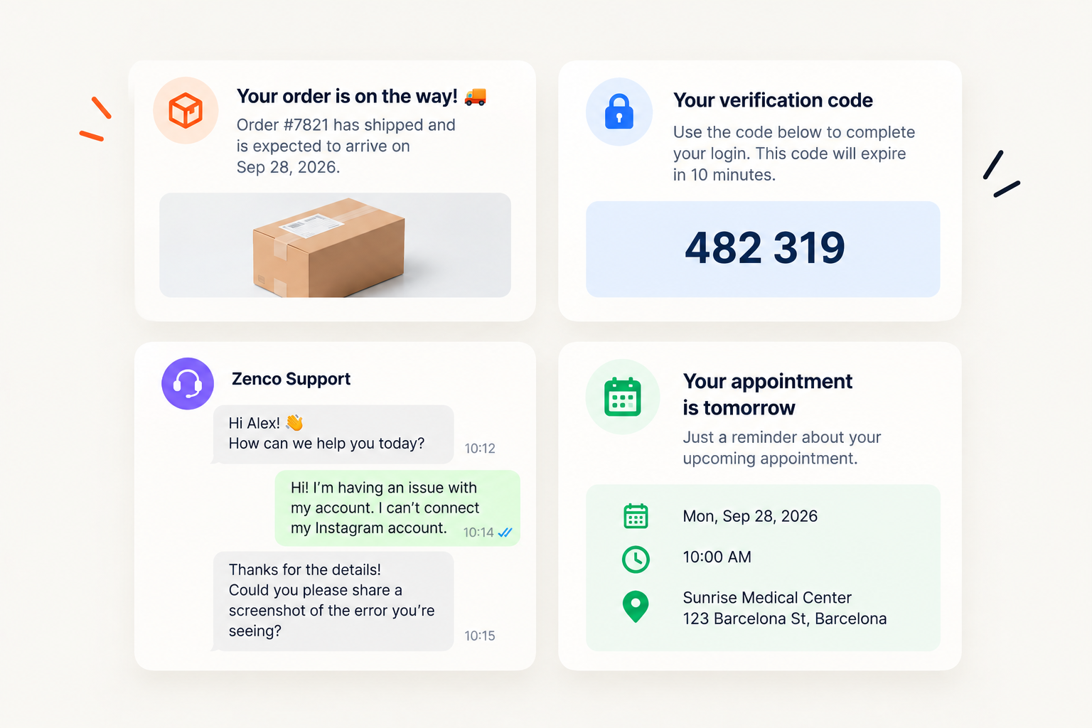 Four SMS use cases: an order shipping alert, a verification code, a two-way support chat and an appointment reminder