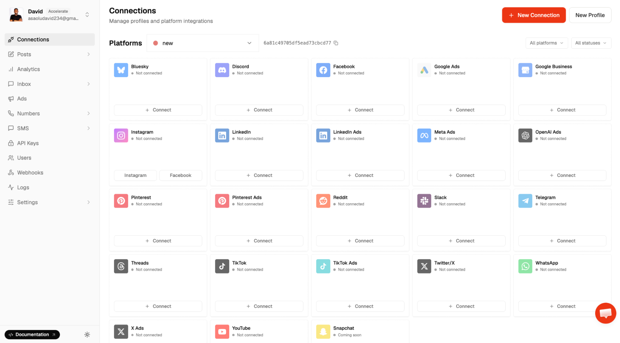 Connect social account to Zernio