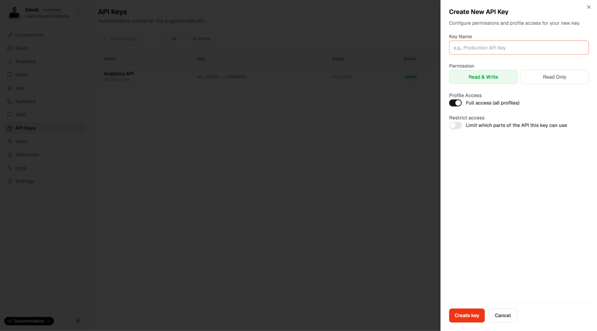 Create Zernio API key