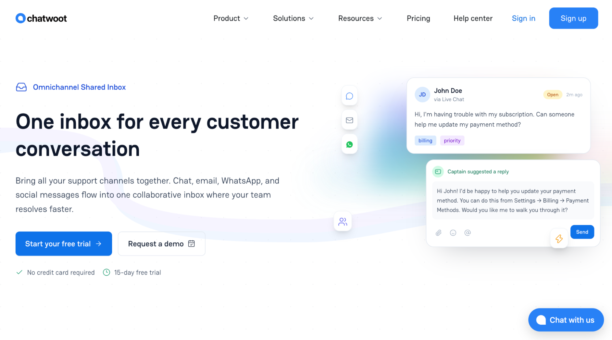 Chatwoot omnichannel inbox for social messages, live chat, email, and WhatsApp