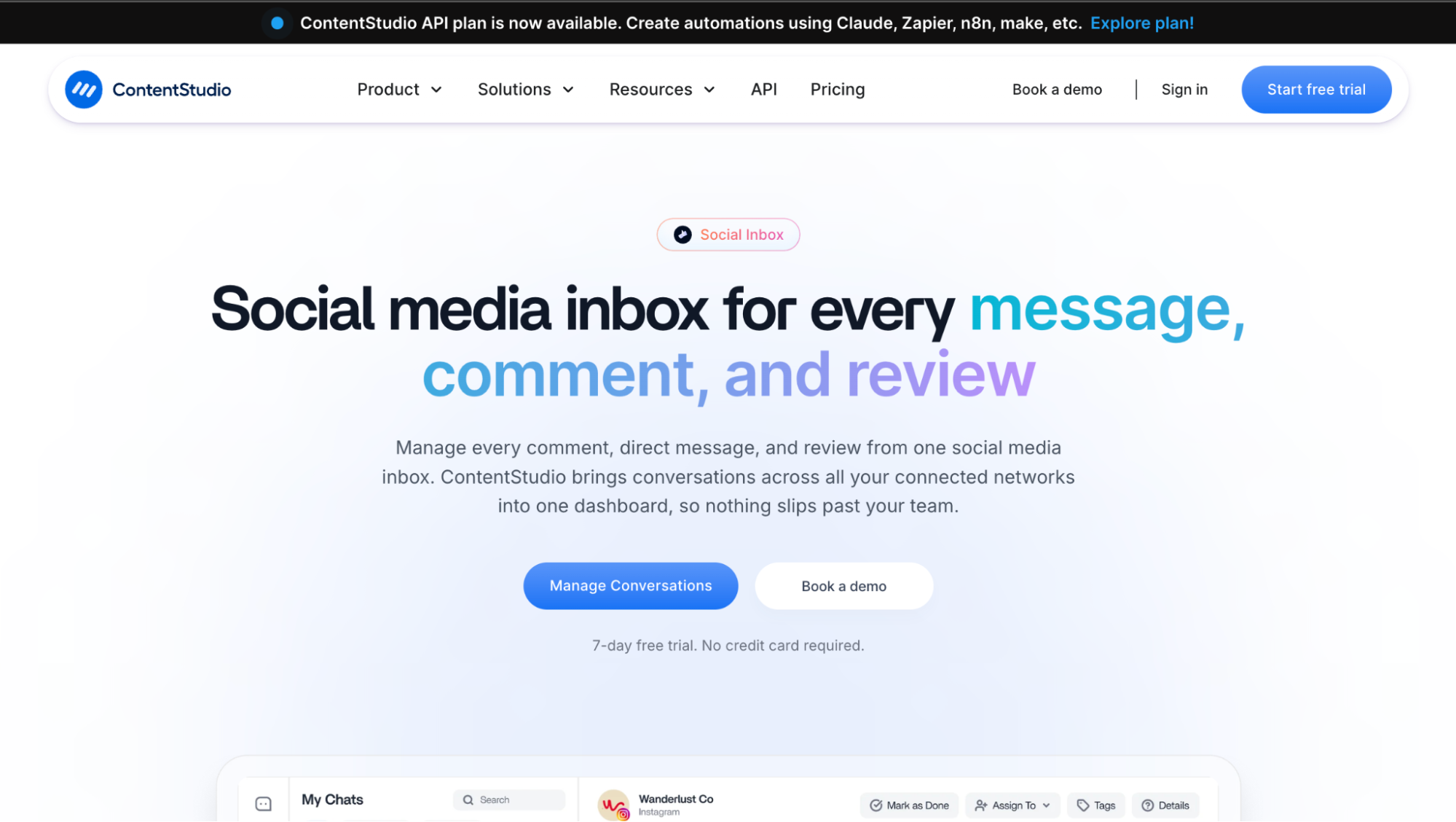 ContentStudio cross-channel social media inbox