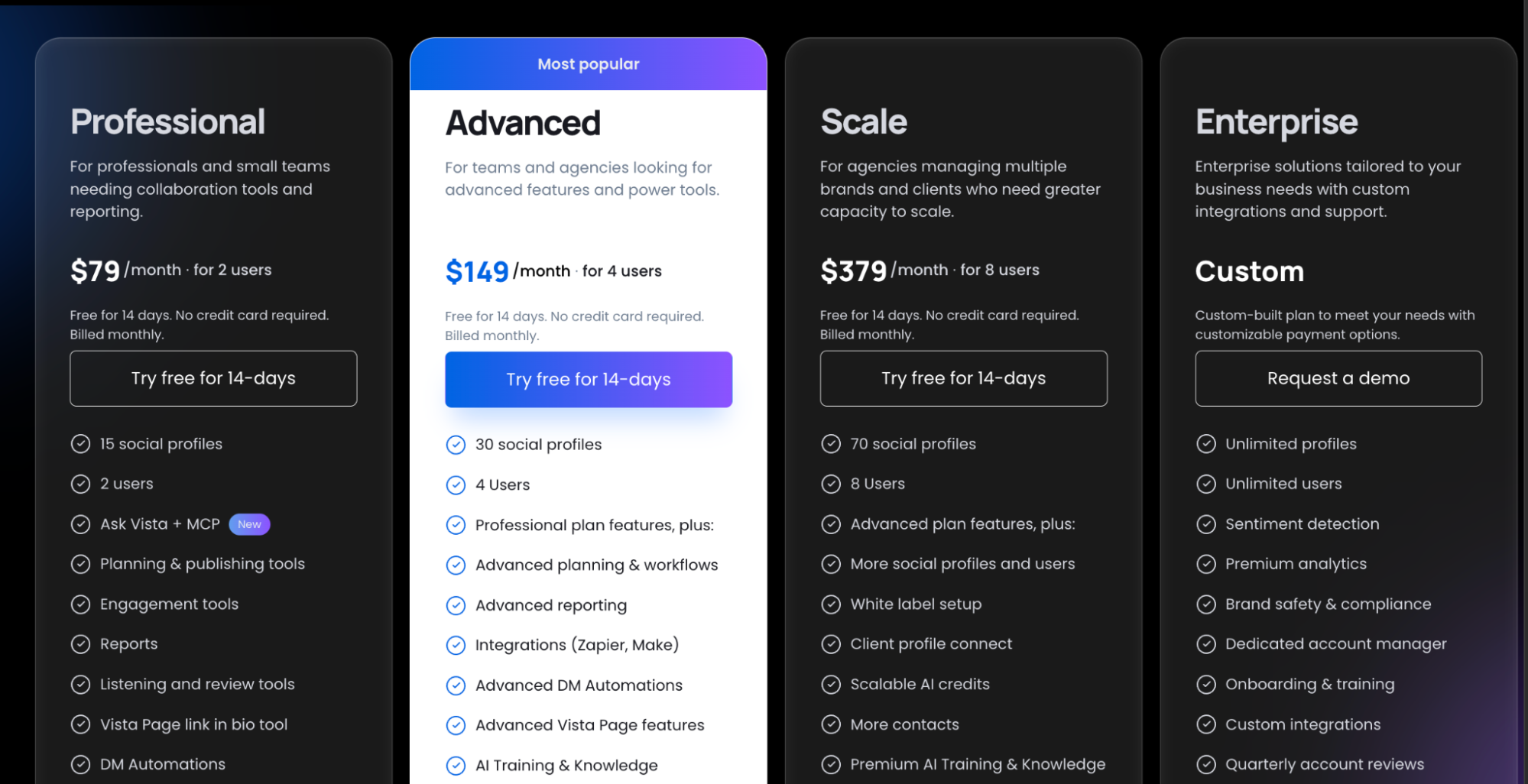 Vista Social pricing plans