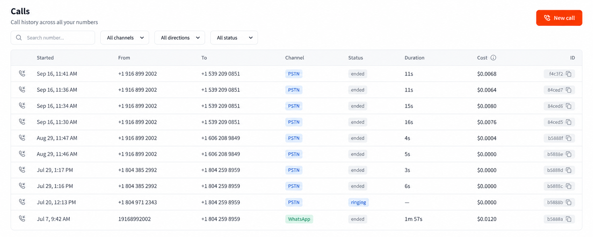 Call history in the Zernio dashboard, listing phone and WhatsApp calls with status, duration and cost