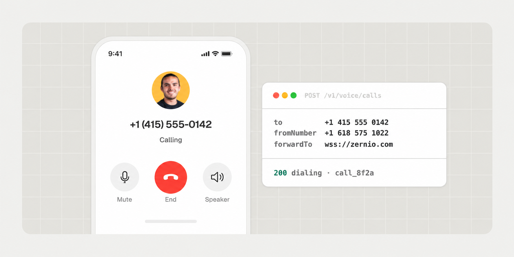 An outbound call ringing on a phone next to the POST /v1/voice/calls request that placed it