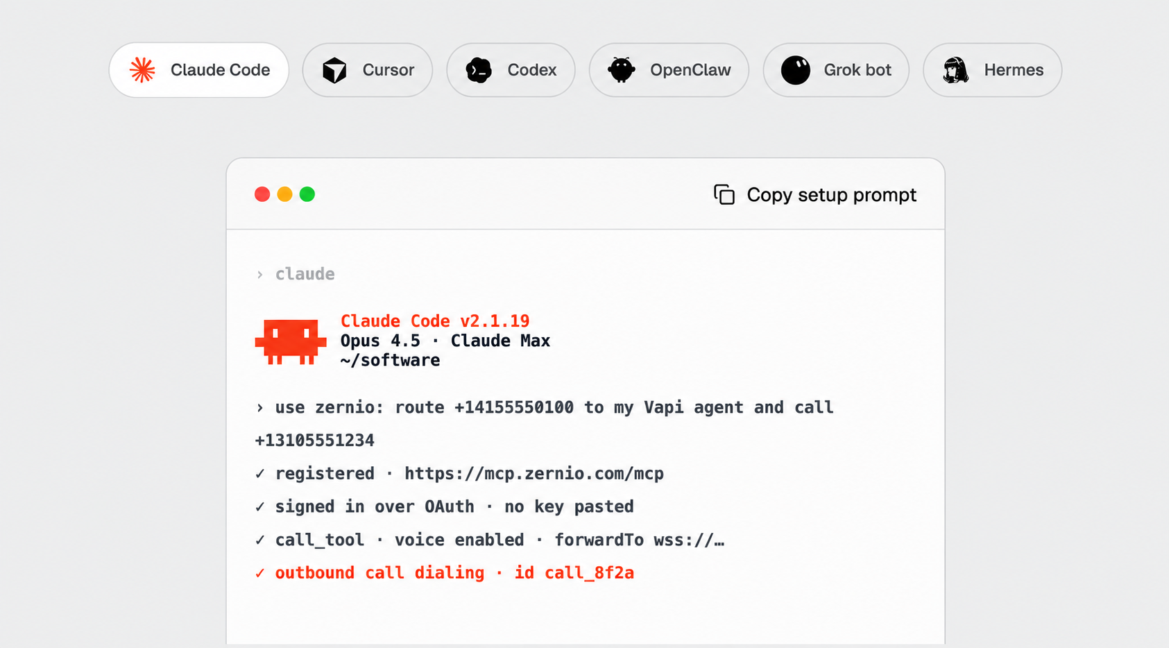 Claude Code using the Zernio MCP server to route a phone number to a Vapi agent and place an outbound call