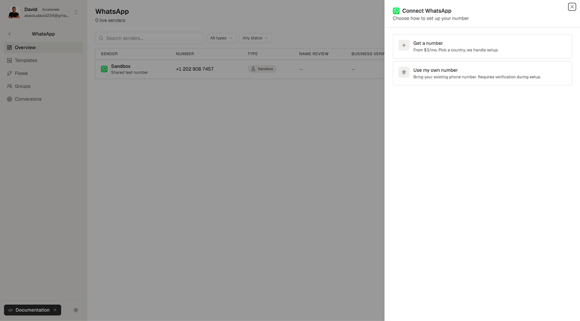 Connect WhatsApp panel in the Zernio dashboard with options to get a number or use your own number