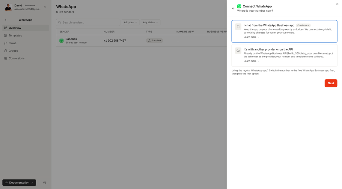 Zernio Connect WhatsApp options: I chat from the WhatsApp Business app, or My number is already on the API