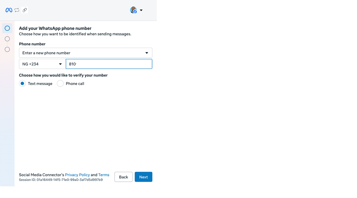 Meta Embedded Signup screen for selecting the business portfolio, WhatsApp Business Account and existing phone number