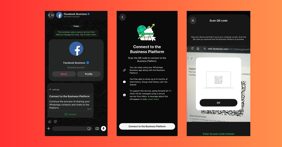 Automated Meta message in the WhatsApp Business app prompting the user to link the account