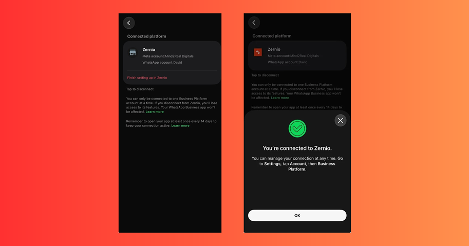 WhatsApp Business app confirming the account is connected to the WhatsApp Business Platform