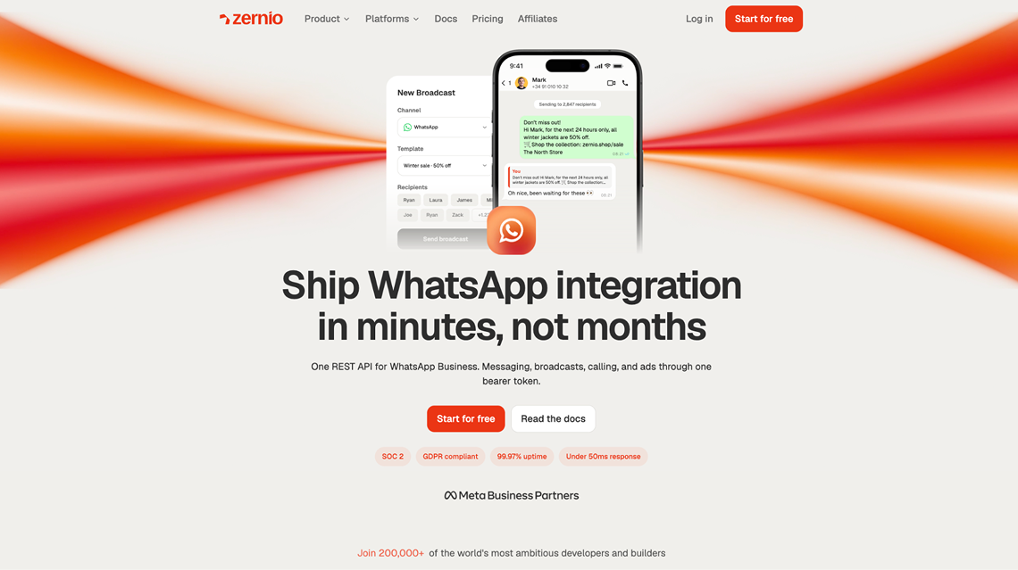 Zernio WhatsApp integration page: Ship WhatsApp integration in minutes, not months