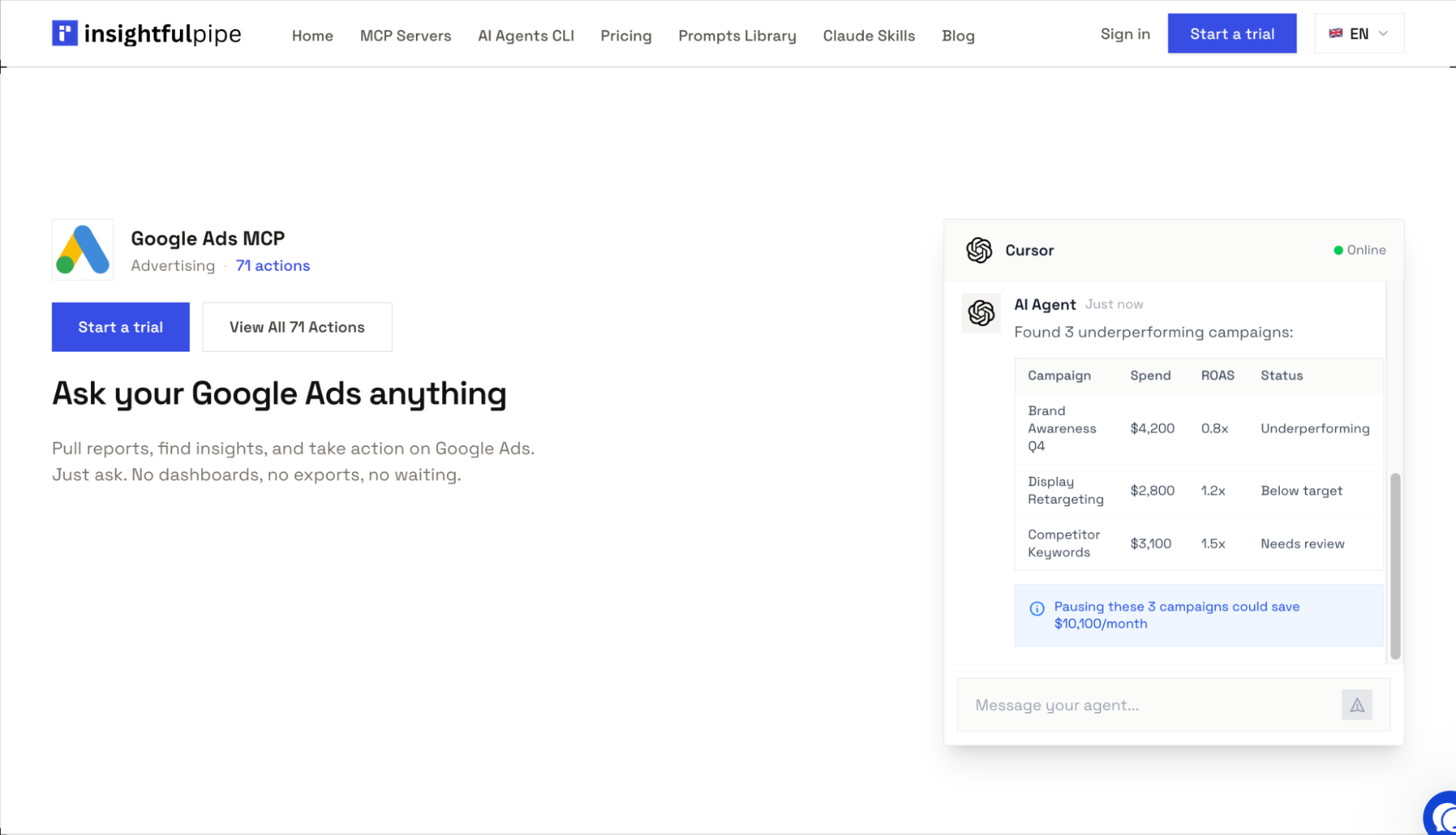 InsightfulPipe MCP Server for marketing analytics and Google Ads read and write actions