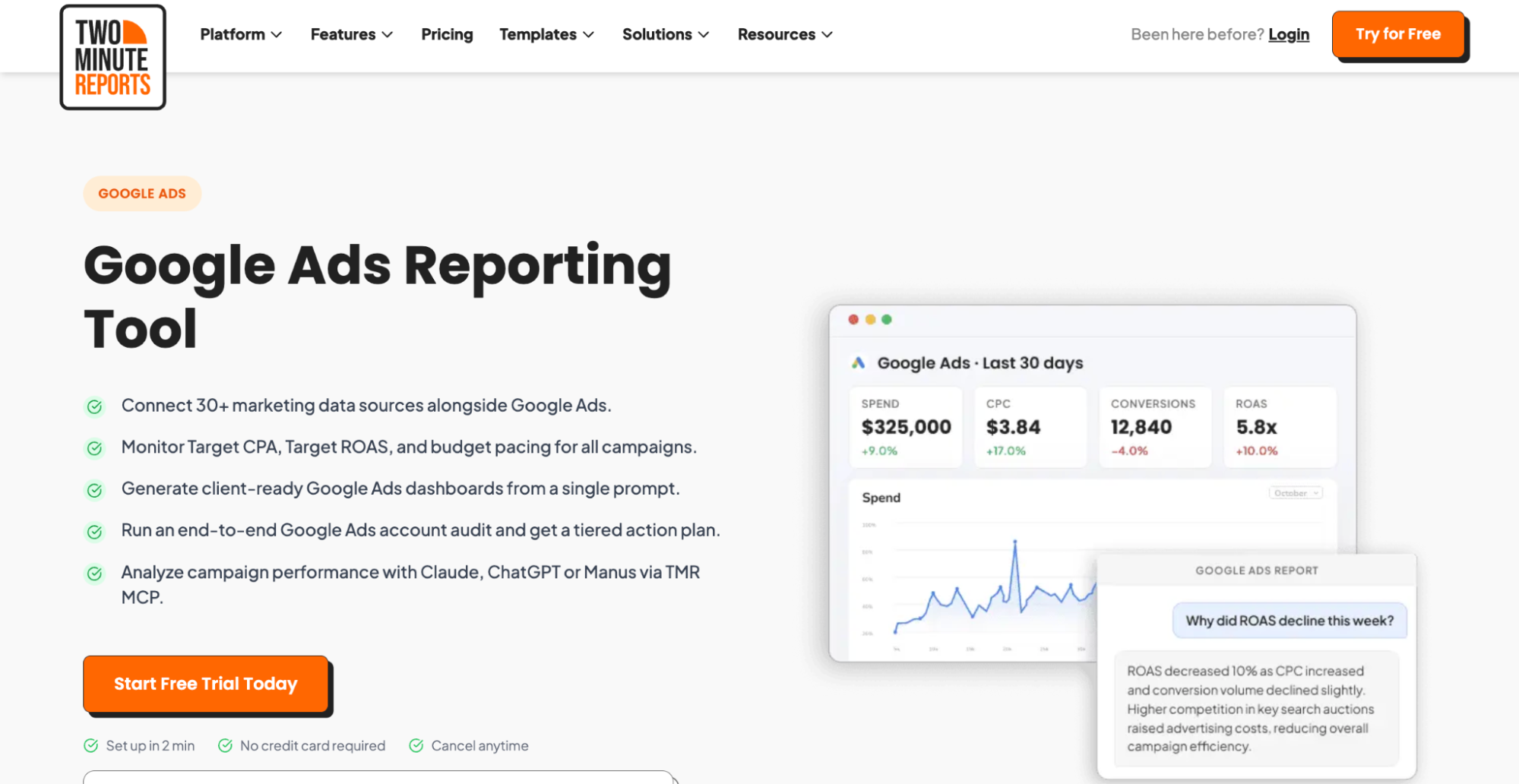Two Minute Reports MCP Server for automated advertising reporting and dashboards