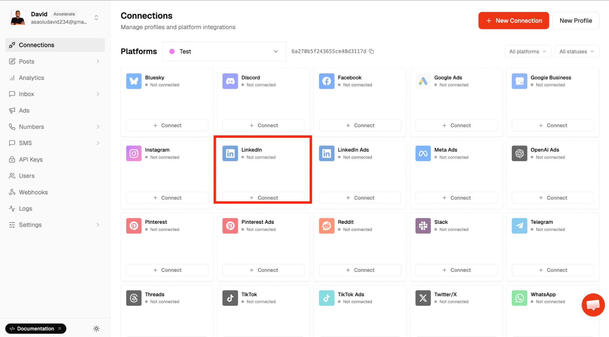 connect linkedin account via zernio