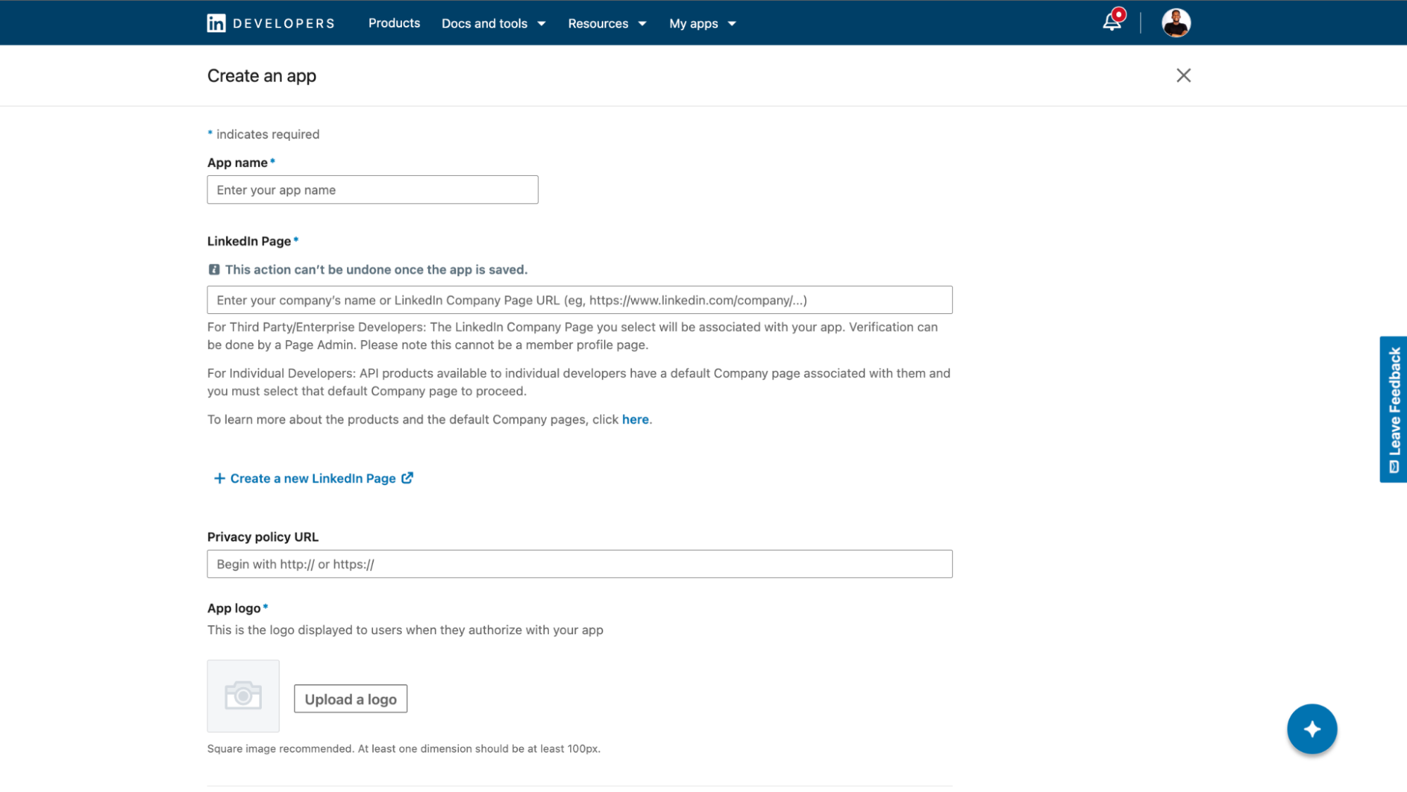 create LinkedIn developer's app