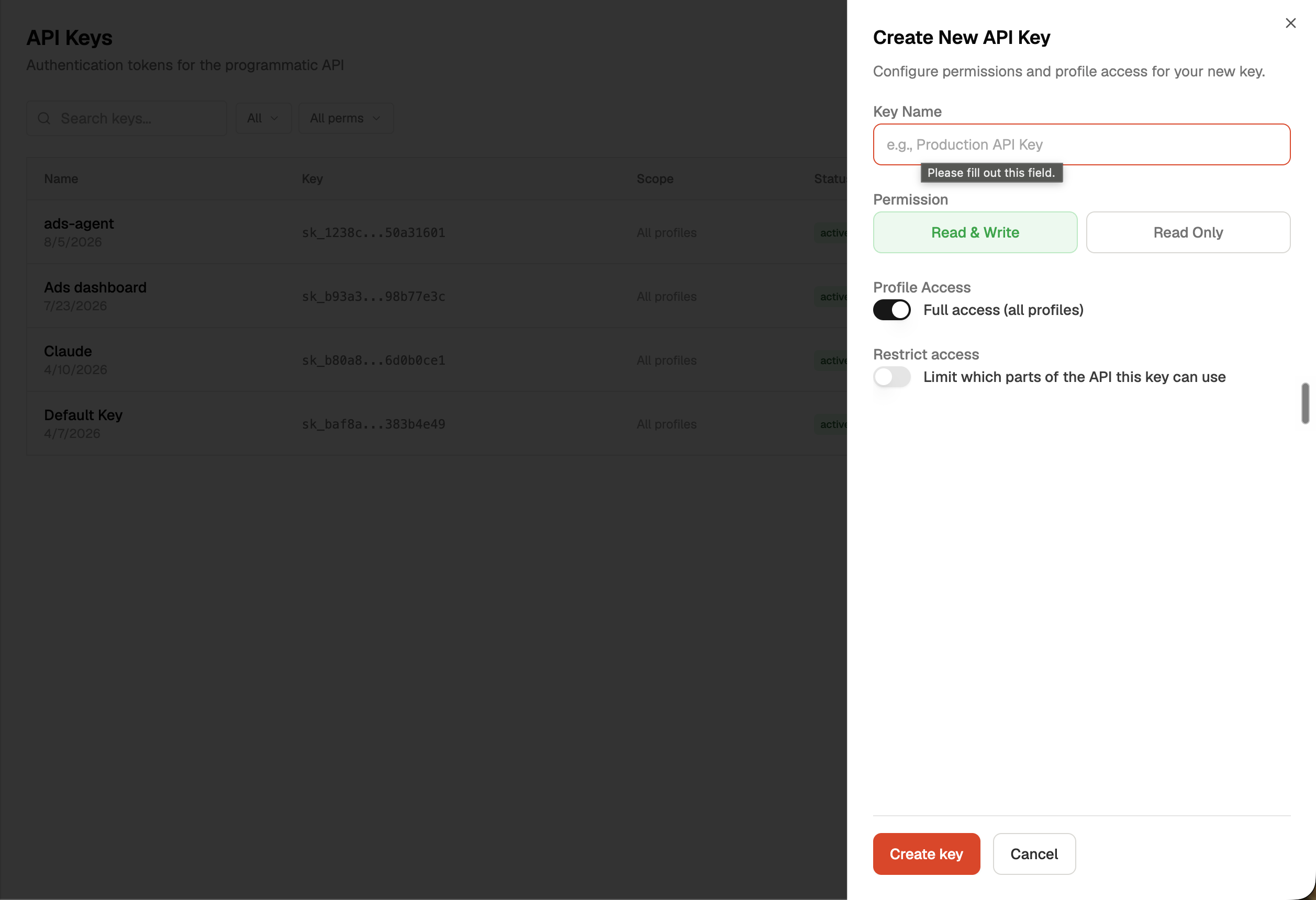 create Zernio API key