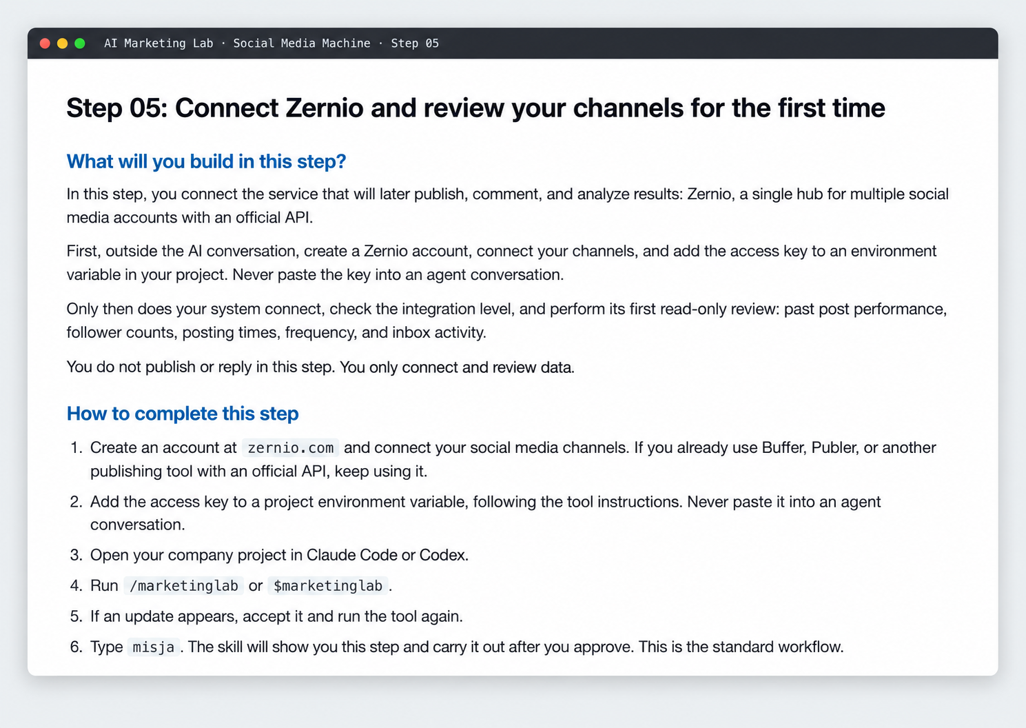AI Marketing Lab step 5, where a member connects Zernio and reviews their channels for the first time