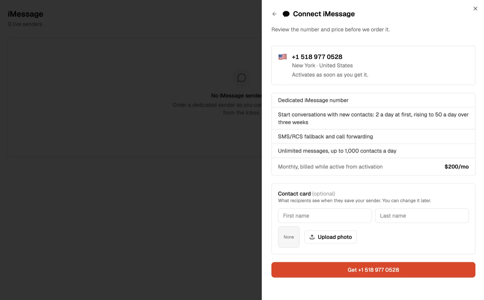 Ordering an Apple-registered iMessage number in the Zernio dashboard