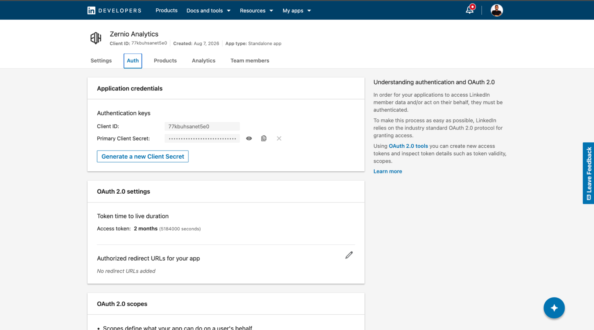 linkedin application credentials