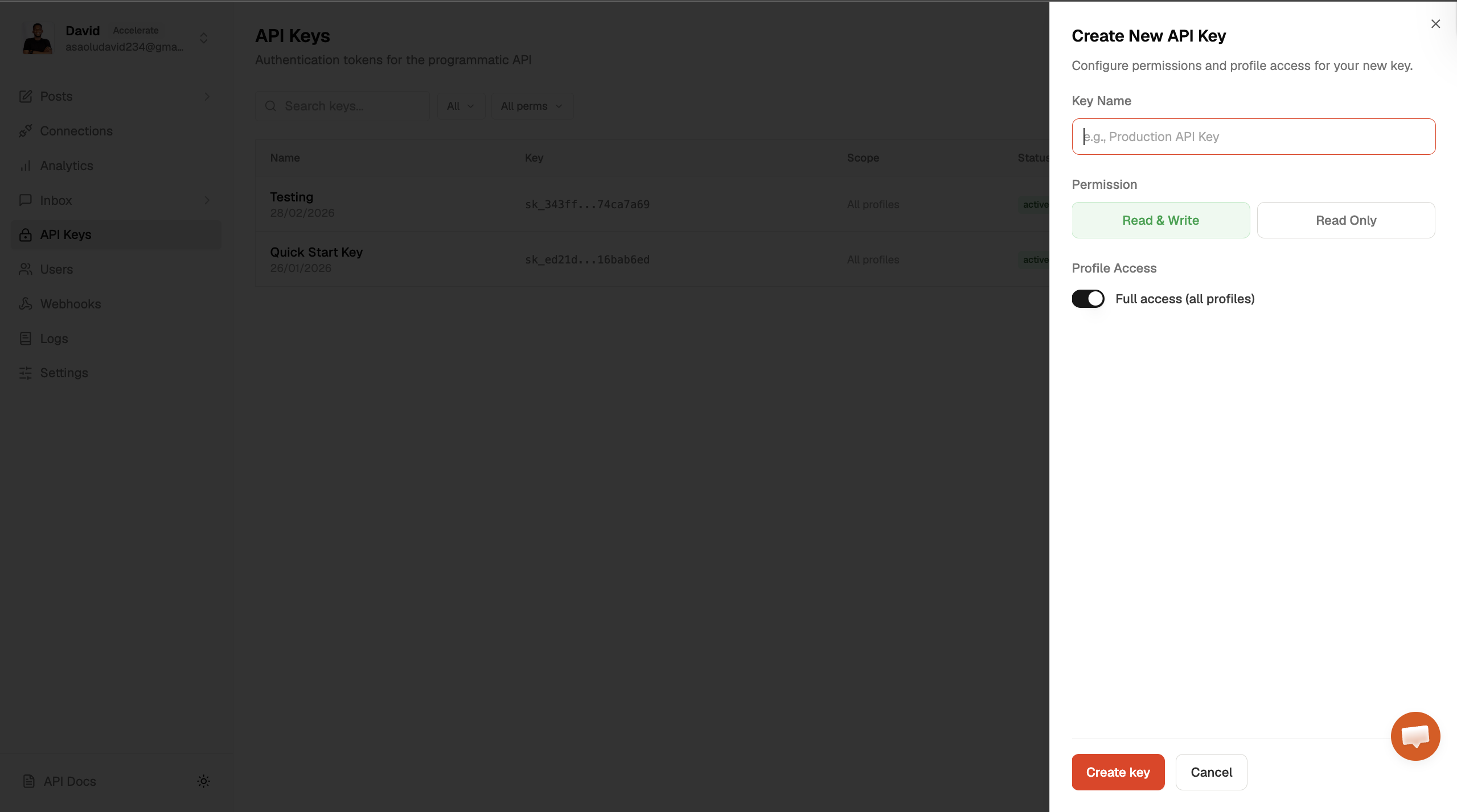 Zernio API Keys section
