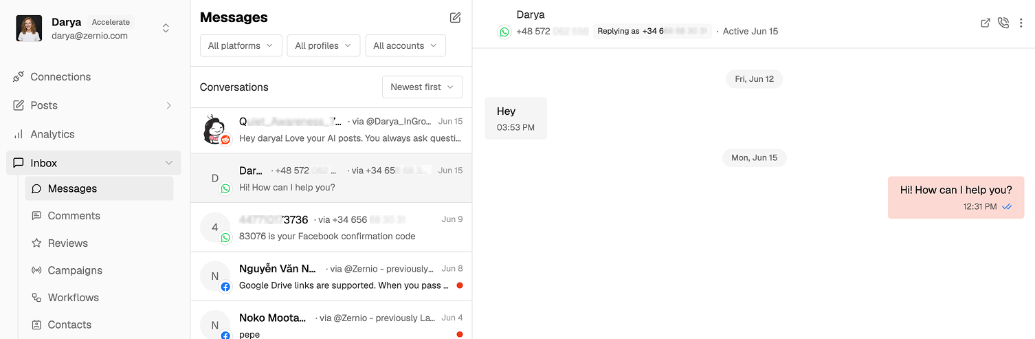 Unified inbox API for WhatsApp messages